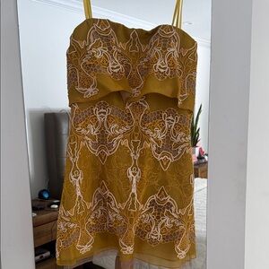 BCBGMaxAzria Mustard Yellow Spaghetti Strap Dress with Pale Pink Embroidery